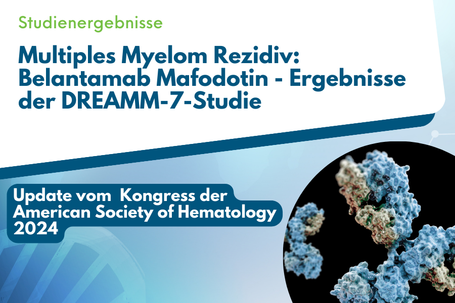 Titel des Blogartikels: 'Belantamab Mafodotin in der Behandlung des Multiplen Myeloms', kombiniert mit einer Abbildung eines Antikörper-Wirkstoff-Konjugats als Symbol für innovative Krebstherapien.