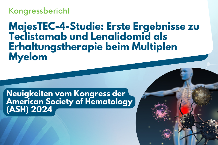 Abstrakte von Immunzellen und Krebszellen vor dem Hintergrund eines schematisch dargestellten Patienten. Fokus auf die MajesTEC-4-Studie und neue Therapieansätze wie Teclistamab im Bereich multiples Myelom, präsentiert auf dem ASH 2024